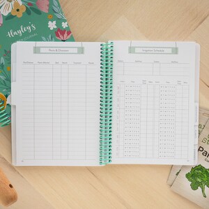 May include: An open garden journal with a green and floral cover. The left page has a section for tracking pests and diseases with columns for pest name, plants affected, bait, month, treatment, and results. The right page has a section for an irrigation schedule with columns for station, bed/row, days, start time, minutes, and notes.