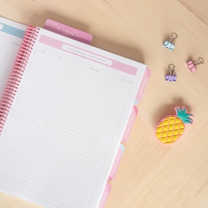 May include: A pink and white planner with a spiral binding. The planner has tabs labelled "Term One", "Term Two", "Term Three", and "Term Four". The planner also has a section labelled "Professional Development" with columns for date, subject, description, and time. The planner is on a wooden surface with a pineapple-shaped eraser and paper clips.