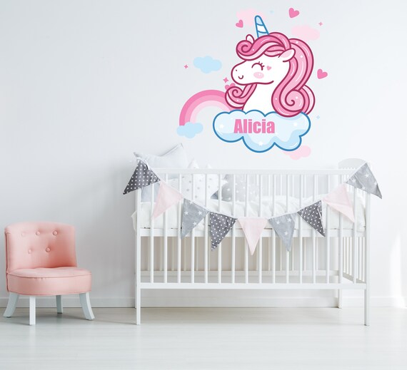 Pink Hearts Wall Design 3380 Girl Name Personalized Wall Decal Rainbow Children Name Home Decor Pink Unicorn n Baby Blue Cloud Room Decor