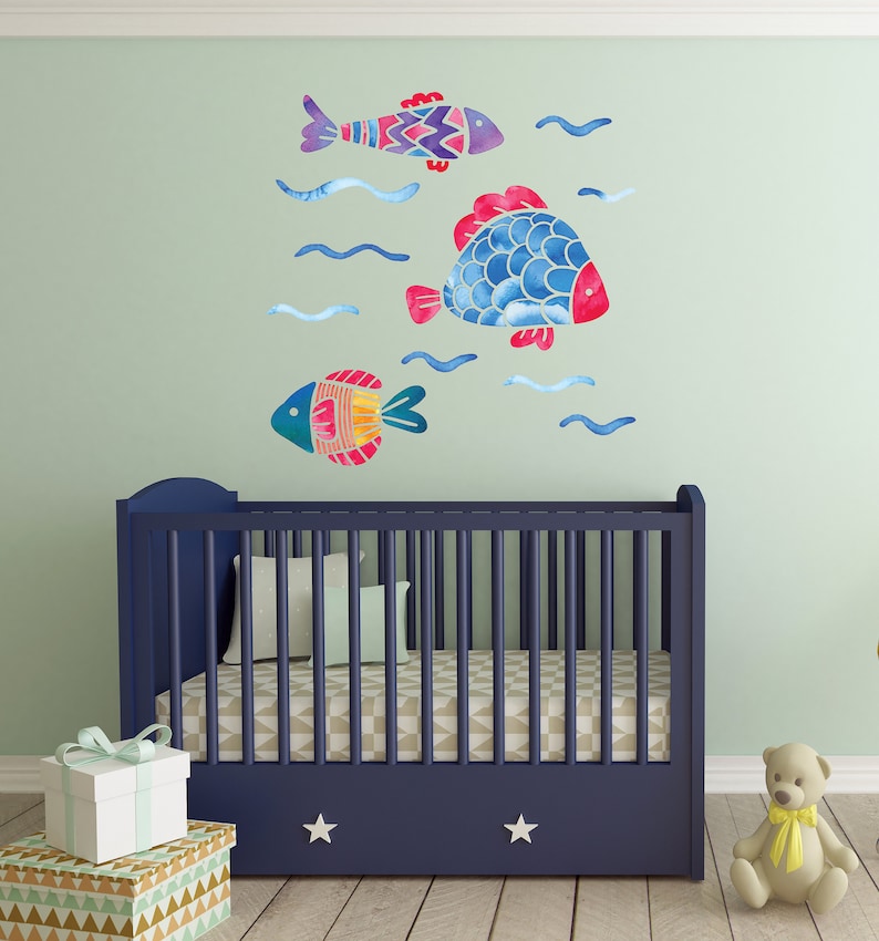 Fish Wall Decal Hand Painted Like Colorful Fishes Big Mural Sticker Watercolor Design Home Decoration Ocean Life Wall Design CG1049