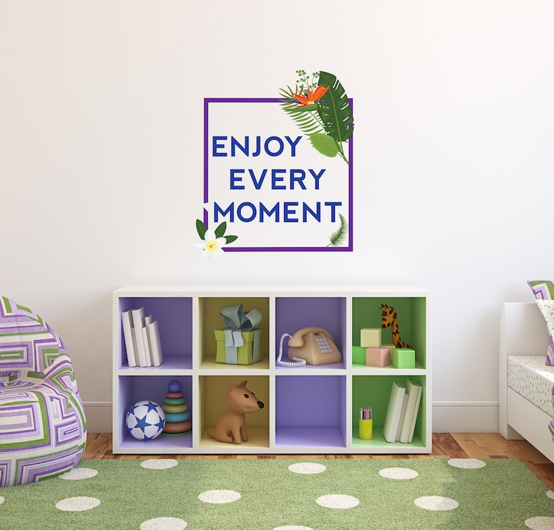 Enjoy Every Moment Botanical Leaves Quote Wall Decal Big Green Leaf For Home Any Room Decoration CG668 Flower With Saying Vinyl Design
