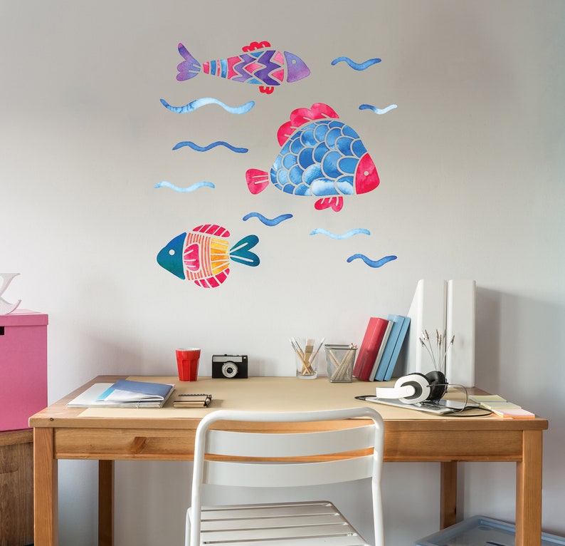 Fish Wall Decal Hand Painted Like Colorful Fishes Big Mural Sticker Watercolor Design Home Decoration Ocean Life Wall Design CG1049