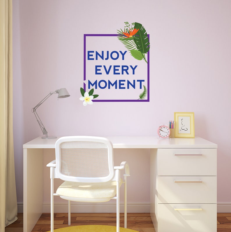 Enjoy Every Moment Botanical Leaves Quote Wall Decal Big Green Leaf For Home Any Room Decoration CG668 Flower With Saying Vinyl Design