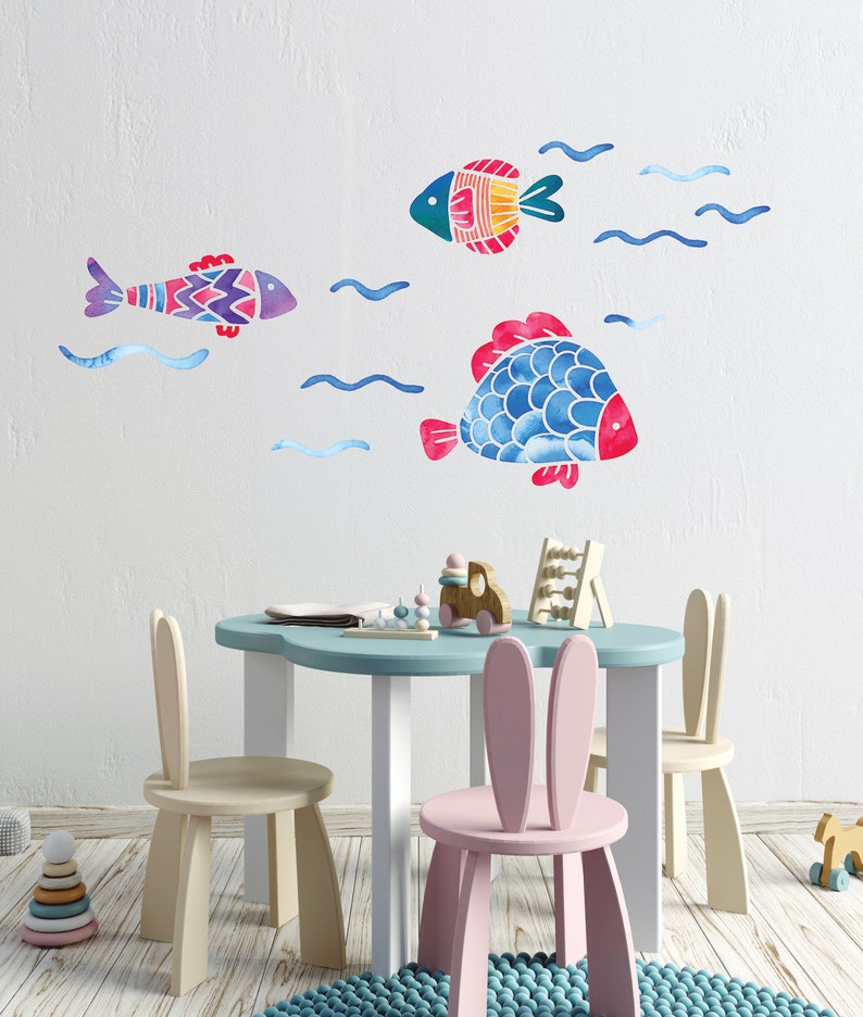 Fish Wall Decal Hand Painted Like Colorful Fishes Big Mural Sticker Watercolor Design Home Decoration Ocean Life Wall Design CG1049