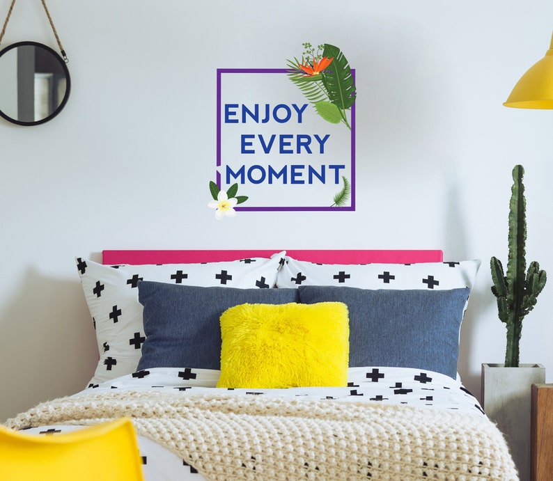 Enjoy Every Moment Botanical Leaves Quote Wall Decal Big Green Leaf For Home Any Room Decoration CG668 Flower With Saying Vinyl Design