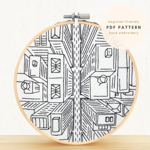 Op de afbeelding: Zwart-wit borduurpatroon van een skyline van een stad gezien vanuit de lucht. Het patroon bevindt zich in een ronde borduurring en is gelabeld "beginner-friendly PDF PATTERN hand embroidery".