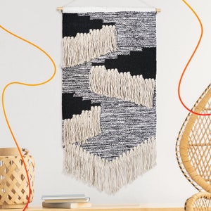 Woven Wall Hanging, Boho wall Tapestry, Tassel tufted wall Art, Midcentury modern Home Decor, Nursery/dorm /aztec Decor , Black and white.