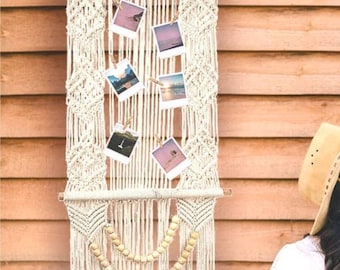 Présentoir photo en macramé avec clips en bois, décoration de chambre bohème