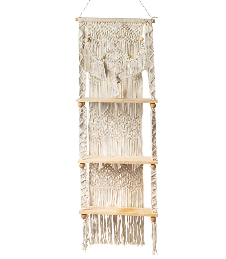 Macrame Hanging 3-Tier Floating Wall Shelves for Bedroom, Bathroom, Nursery, Boho Wood Shelves, Plant Shelf, Rustic Wood Picture Shelf. image 2