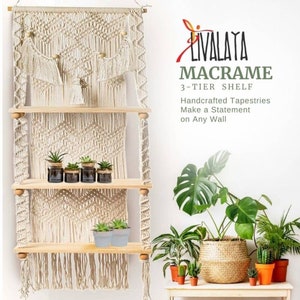 Macrame Hanging 3-Tier Floating Wall Shelves for Bedroom, Bathroom, Nursery, Boho Wood Shelves, Plant Shelf, Rustic Wood Picture Shelf. image 6