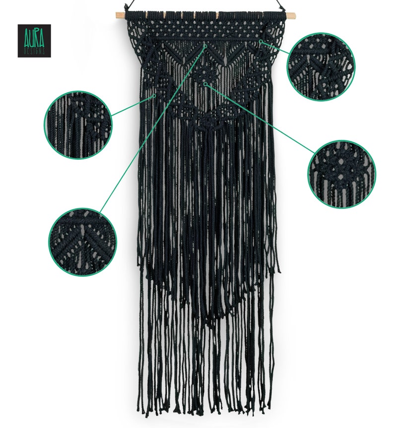 Black Macrame Wall Hanging, Woven Boho Wall Decor, Handmade, Geometric Art Decoration, Apartment ,dorm room, gifts, Gallery Decor, Halloween image 2