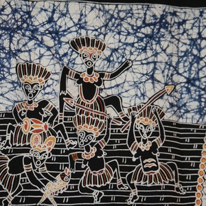 May include: A batik wall hanging with a blue and white background featuring five figures in black, orange, and white. The figures are wearing headdresses and holding spears and other objects.