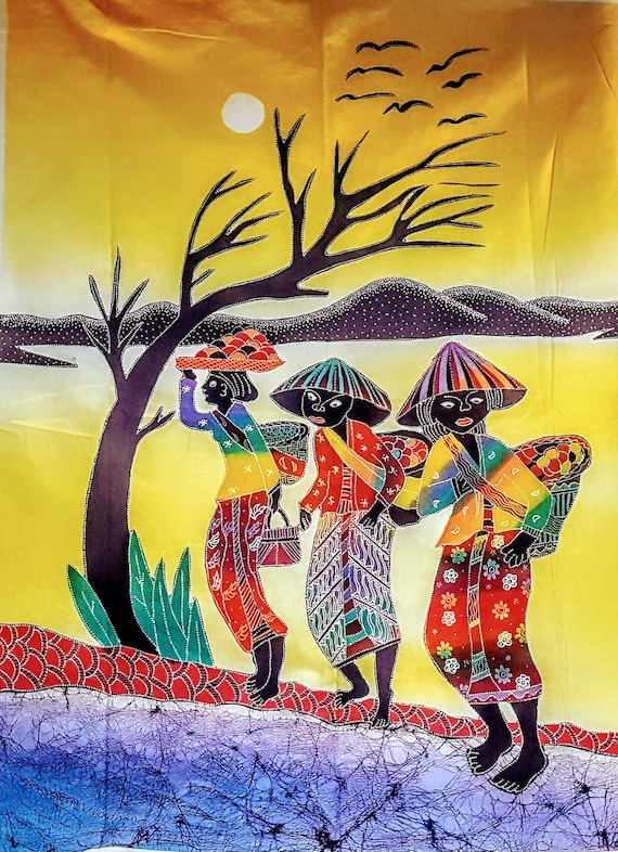 Indonesian Batik Panel Three Women Yellow and Red Bali Art - Etsy