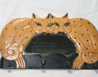 cat scarf and hat rack.  4 pegs.  Handcarved and hand painted.  Indonesian, Pre-tsunami. Vintage.