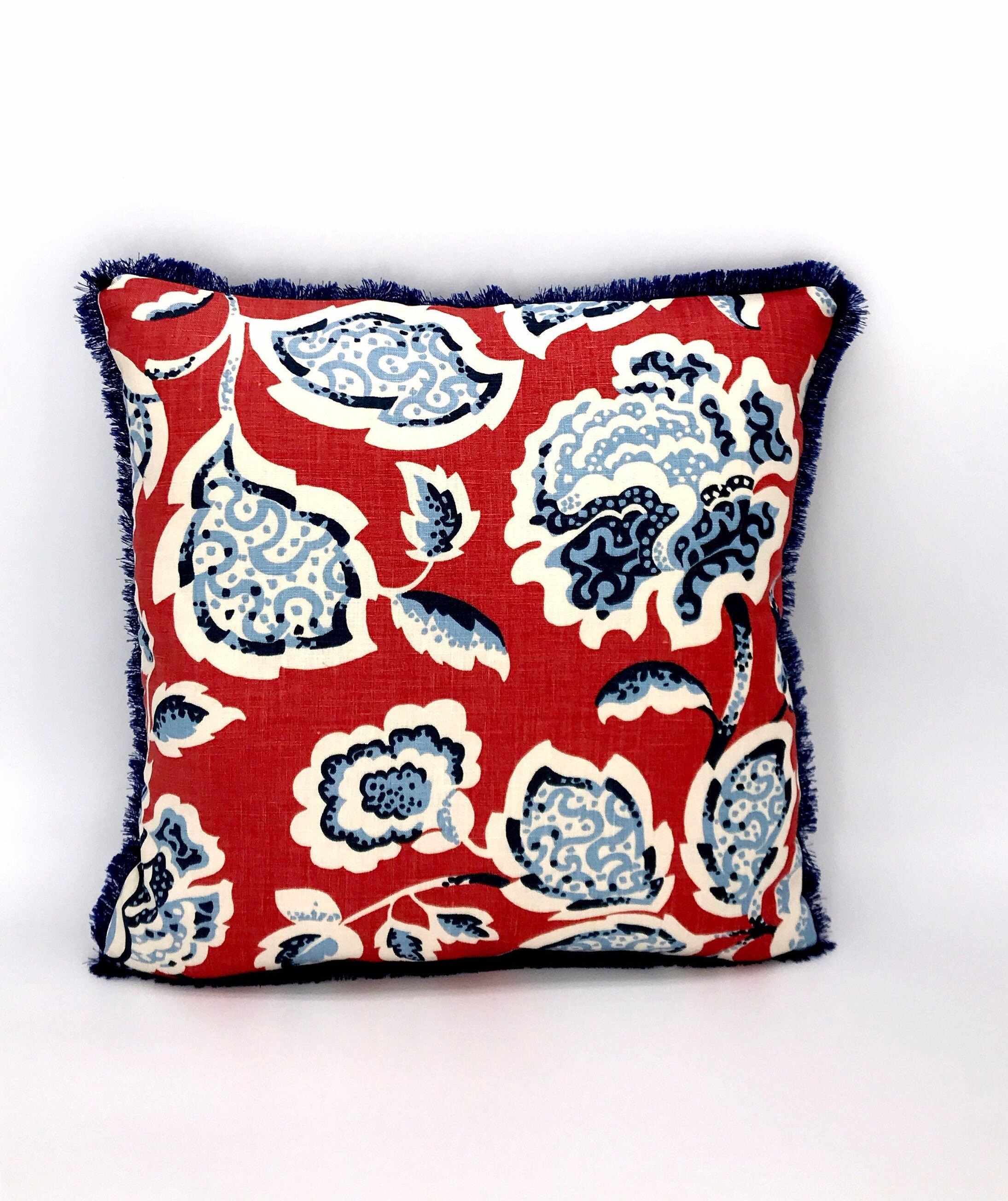 Schumacher Fabric Schumacher Red Throw Pillow Blue Leaf Etsy