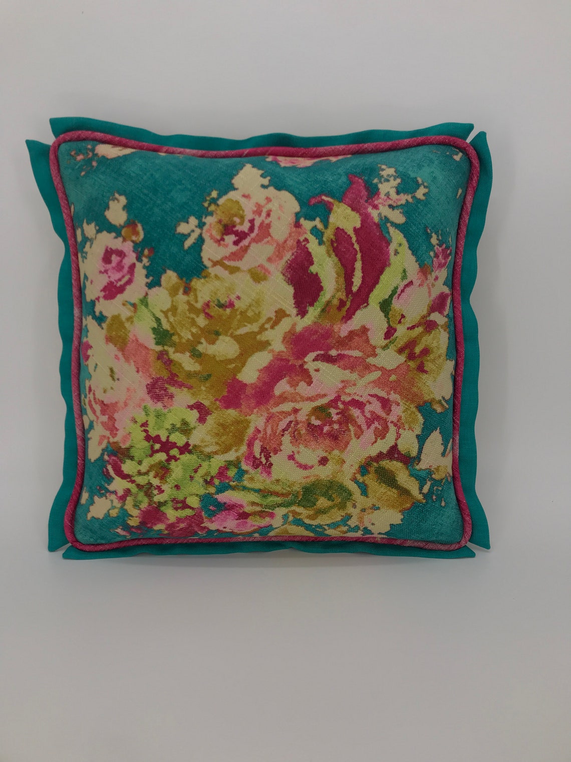 Teal floral pillow cover mustard yellow chenille pillow teal Etsy