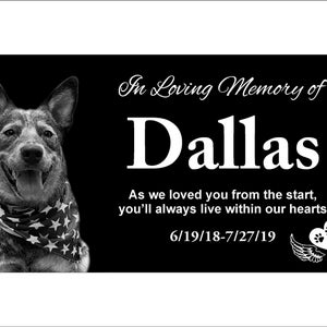 May include: Black and white photo of a dog named Dallas with a bandana on. The text reads "In Loving Memory of Dallas As we loved you from the start, you'll always live within our hearts 6/19/18-7/27/19".