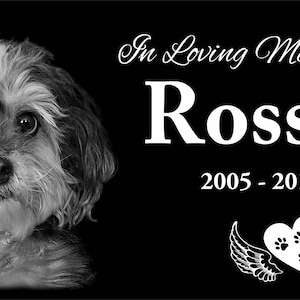 May include: Black and white memorial plaque with a photo of a small, fluffy dog. The text reads "In Loving Memory of Rossie 2005-2017" and features a heart with paw prints and angel wings.