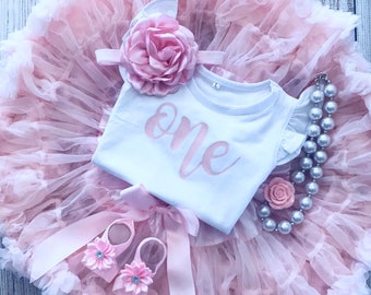 Baby Girl First Birthday Outfit in Pale Pink - 1st Birthday Outfit - Cake Smash - Birthday Photos