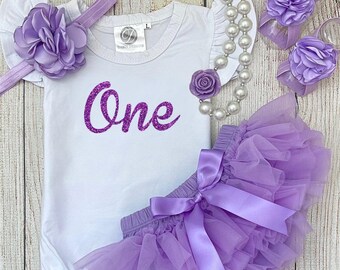 Lavender First Birthday Outfit: Flutter Bodysuit, Tutu Bloomer, Cake Smash