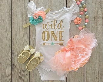 Wild One Birthday Outfit - Wild One Baby Girl First Birthday - Cake Smash - Matching Mommy and Daddy Shirts - Peach & Mint - Birthday Photos