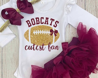 Baby Girl Football Outfit – Burgundy Tutu, Headband, “Bobcats Cutest Fan”