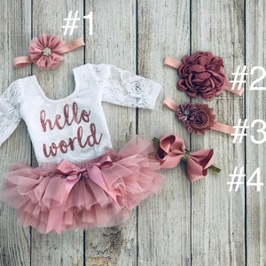 Baby Girl Coming Home Outfit Newborn outfit Hello World Outfit in Rose Gold Lace bodysuit Vintage Pink Newborn Photos Preemie Baby image 1