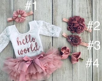 Baby Girl Coming Home Outfit - Newborn outfit - Hello World Outfit in Rose Gold - Lace bodysuit Vintage Pink - Newborn Photos - Preemie Baby