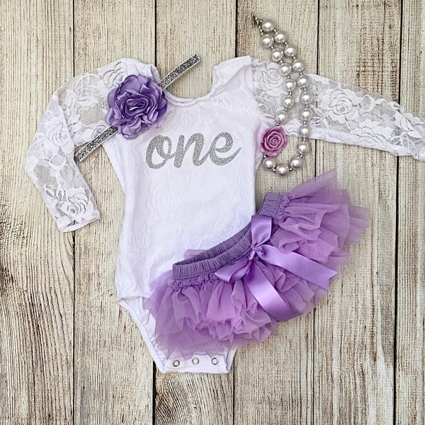 Baby Girl Lace First Birthday Outfit in Lavender / Light Purple - Silver Glitter 1st Birthday - Cake Smash - Birthday Photos
