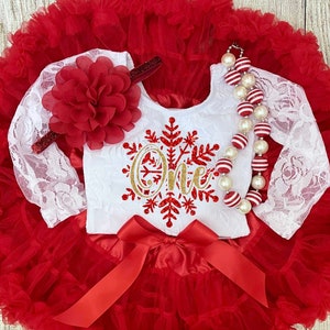 Soft Lace Winter Onederland First Birthday Outfit in Red Snowflake 1st Birthday Outfit Cake Smash Birthday Photos image 1