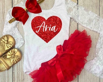 Personalized Baby Girl Valentine's Outfit: Red Glitter Heart, Tutu Bloomers