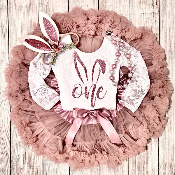 Easter First Birthday Outfit in Dusty Pink - Dusty Pink / Mauve and Rose Gold Outfit - Cake Smash - Easter Birthday Photos