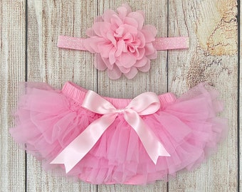 Baby Girl Tutu Bloomer & Glitter Headband in Pink - Newborn Photos - Cake Smash Set - Baby Shower Gift - Diaper Cover