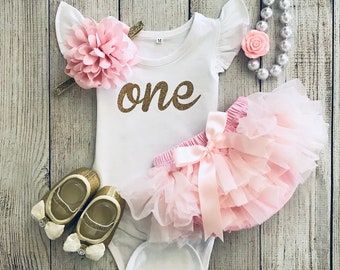 Baby Girl First Birthday "One" Outfit - 1st Birthday Outfit in Light Pink / Pale Pink and Gold Glitter - Cake Smash - Birthday Photos