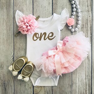 Baby Girl First Birthday &quot;One&quot; Outfit - 1st Birthday Outfit in Light Pink / Pale Pink and Gold Glitter - Cake Smash - Birthday Photos