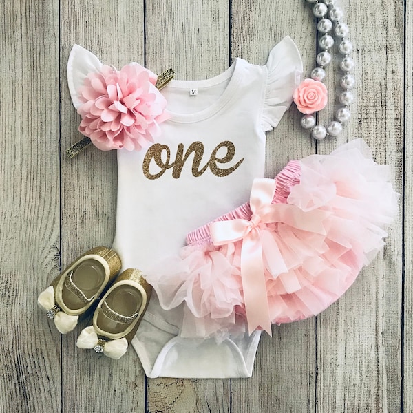 Baby Girl First Birthday "One" Outfit - 1st Birthday Outfit in Light Pink / Pale Pink and Gold Glitter - Cake Smash - Birthday Photos