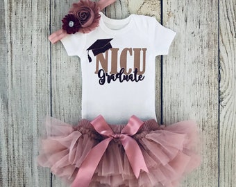 NICU Graduate Baby Girl Outfit: Rose Gold Tutu Bloomers, Flower Headband