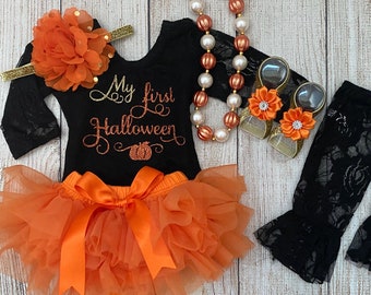 Baby Girl 'My First Halloween' Outfit: Lace Bodysuit, Orange Tutu, Headband