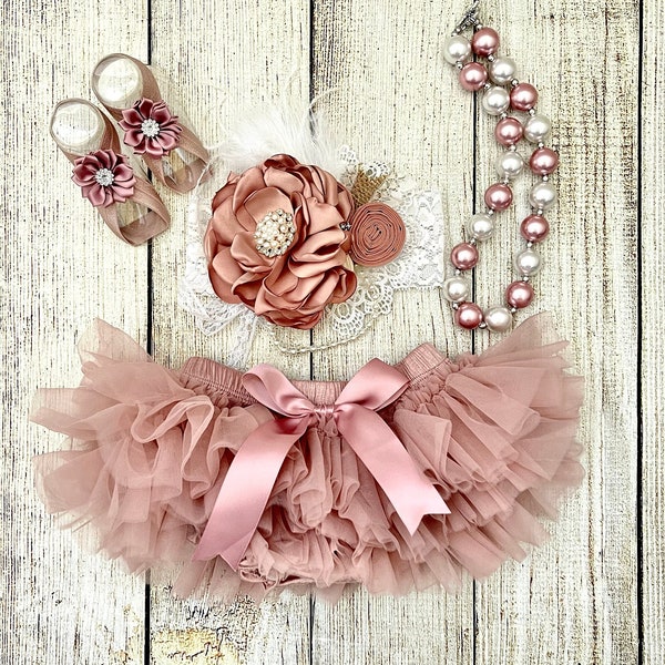 Large flower and feather headband with Tutu Bloomers & Headband - baby girl vintage pink tutu - dusty pink tutu
