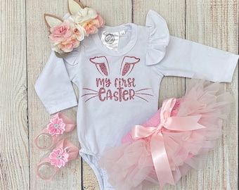 My First Easter Outfit - Baby Girl Bunny Outfit in Rose Gold and Dusty Pink / Mauve - Easter Photos - Flutter sleeves