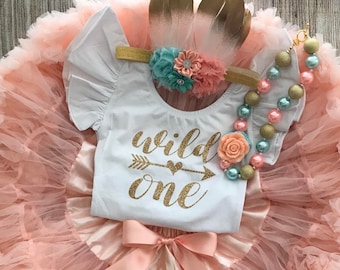 Wild One Girl First Birthday Outfit in Peach, Mint & Gold with Pettiskirt and feather headband - Cake Smash - 1st Birthday Photos