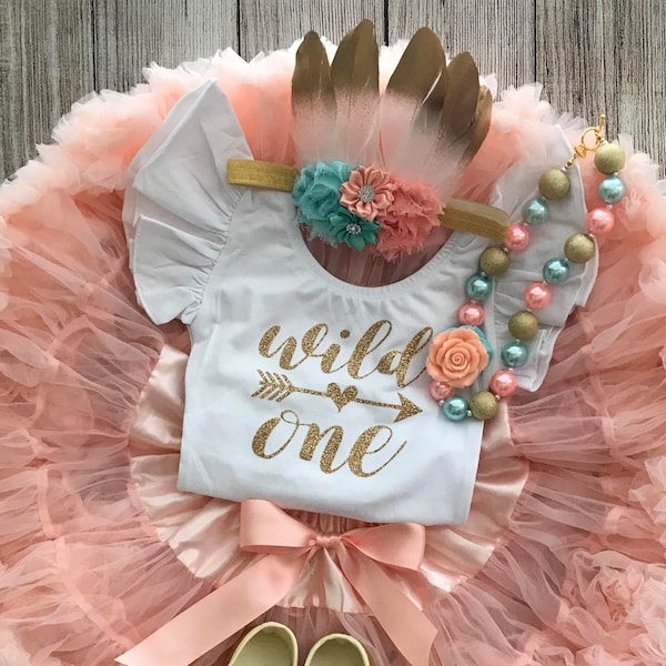 Wild One Girl First Birthday Outfit in Peach, Mint & Gold with Pettiskirt and feather headband - Cake Smash - 1st Birthday Photos