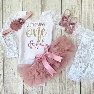 Little Miss Onederful First Birthday Outfit - Vintage Pink/Dusty Pink - Baby Girl Birthday Outfit - Cake Smash - Birthday Photos