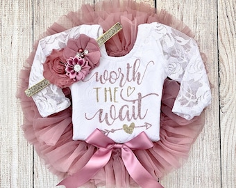 Baby Girl Coming Home Outfit - Worth The Wait in Rose Gold and Dusty Pink - Vintage Pink - Tutu Bloomers - Newborn Photos - Preemie Baby