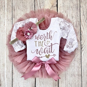Baby Girl Coming Home Outfit Worth The Wait in Rose Gold and Dusty Pink Vintage Pink Tutu Bloomers Newborn Photos Preemie Baby Lace+Tutu+Hb