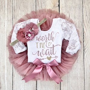 Baby Girl Coming Home Outfit Worth The Wait in Rose Gold and Dusty Pink Vintage Pink Tutu Bloomers Newborn Photos Preemie Baby Lace+Tutu+Hb