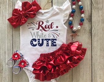 Baby Girl 4th of July Outfit: Metallic Red Tutu Bloomers, Bow & Sandals
