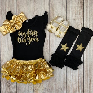 Baby Girl 1st New Year Outfit - My First New Year Outfit in black and gold - Premie baby