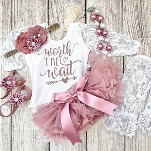 Baby Girl Coming Home Outfit Worth The Wait in Rose Gold and Dusty Pink Vintage Pink Tutu Bloomers Newborn Photos Preemie Baby FullSet-LaceBodysuit