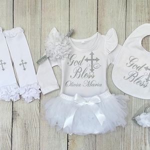 Baby Girl Baptism Outfit in Silver -  Baby Dedication Outfit - Christening Outfit - God Bless Outfit